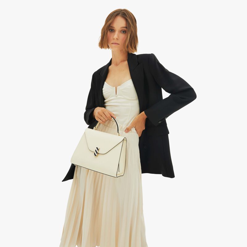 Iside Plexi Top Handle Medium Bag - Pergamena White/Black - Millepunte calf leather - Valextra - 2
