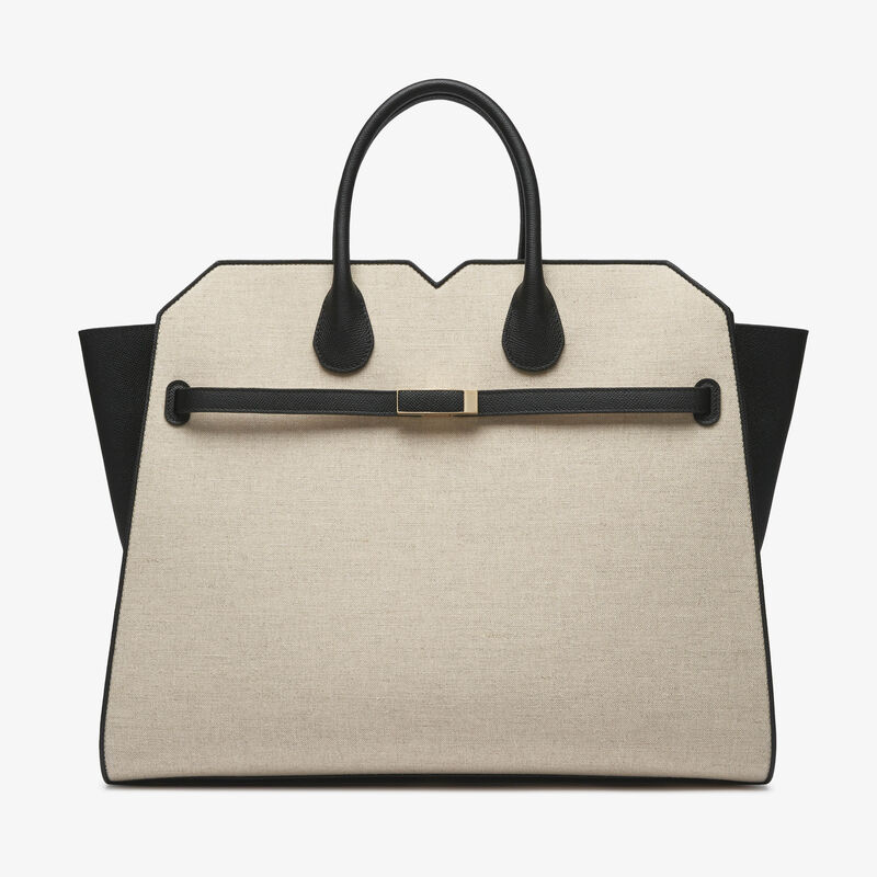 Milano Canvas Two Handles Large Bag - Sand Brown/Black - Natural Canvas and calf leather - Valextra - 1