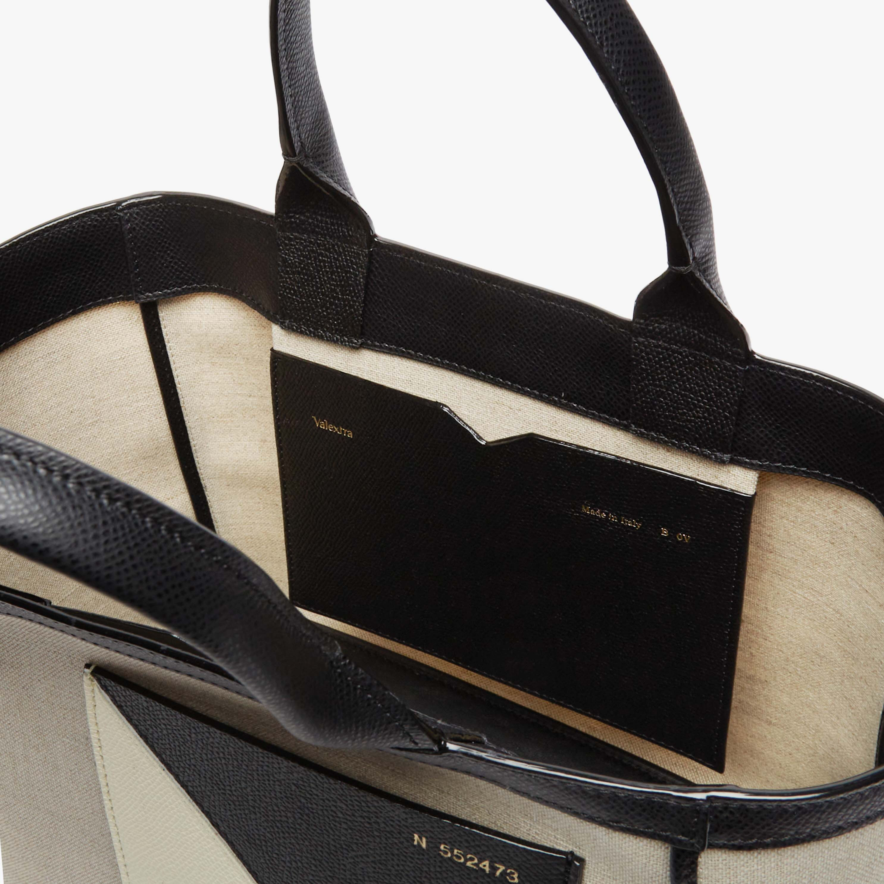 Valextra MINI SHOPPING New CANVAS FABRIC CALF LEATHER VS INTARSIA POCKET Sabbia Nero Pergamena