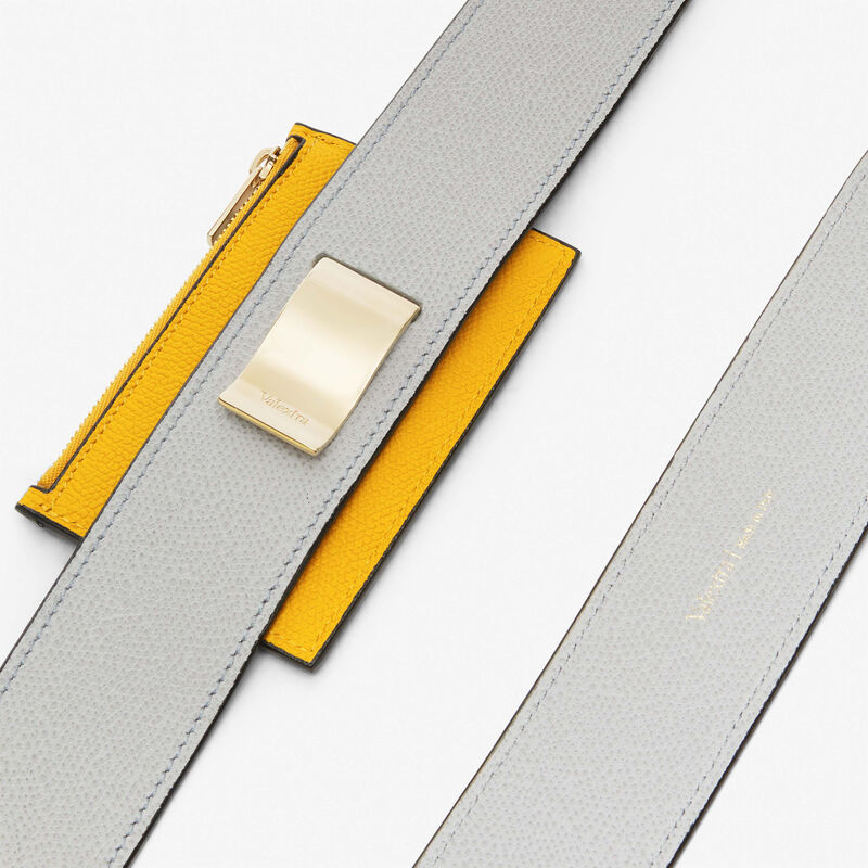 Shoulder Strap with Zip Pocket - Stone Grey/Sun Yellow - Millepunte calf leather - Valextra - 3