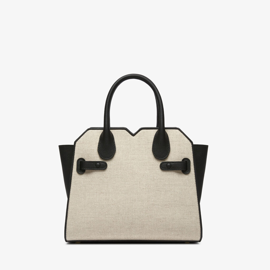 Milano Canvas Two Handles Mini Bag - Sand Brown/Black - Tessuto Canvas/Vitello Millepunte Soft - Valextra - 6