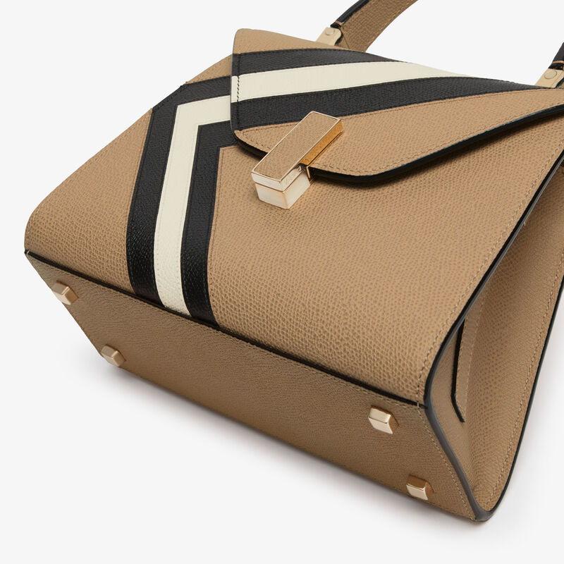 Iside Intarsia V-Stripes Top Handle Mini Bag - Cashmere Beige/Black/Pergamena White - Millepunte calf leather - Valextra - 5