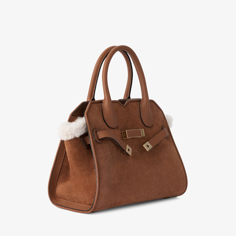Milano Suede Shearling Two Handles Mini Bag - Chocolate Brown - Montone Scamosciato/Vitello Millepunte Soft - Valextra - 5
