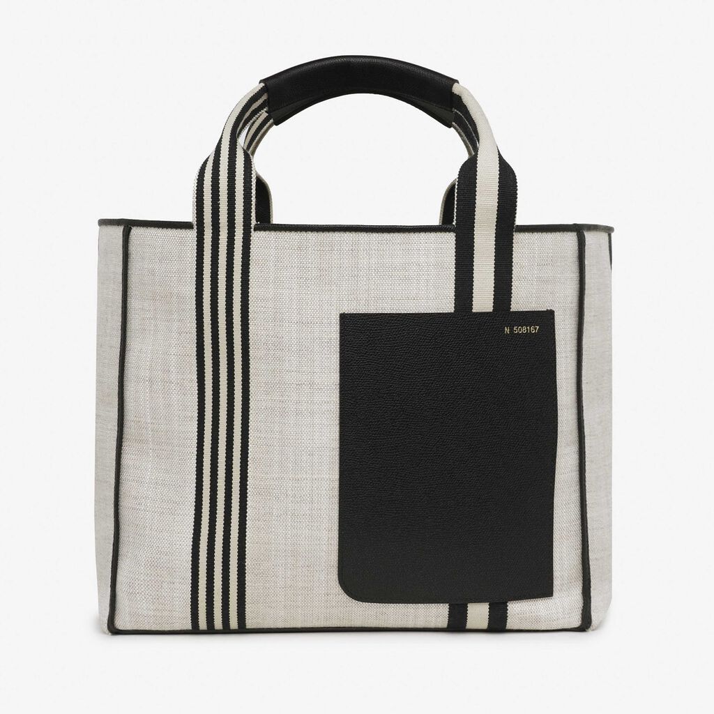 Borsa Tote Media Linear In Tessuto - Marrone Sabbia/Nero - Tessuto Linear/VS - Valextra - 1