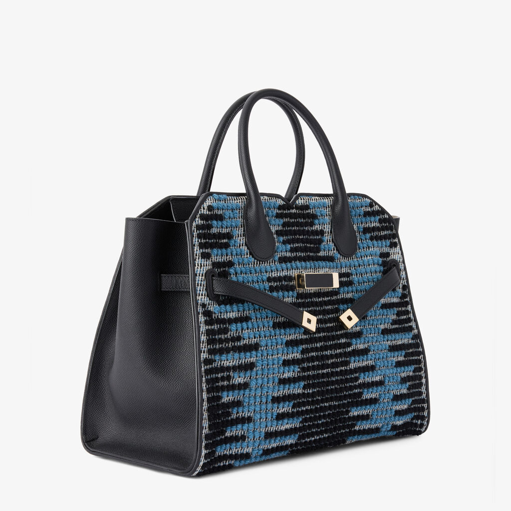 Milano Sunset Pibiones Two Handles Medium Bag - Black/Niagara Blue/Grey - Pibiones  wool Fabric and Millepunte leather - Valextra - 6