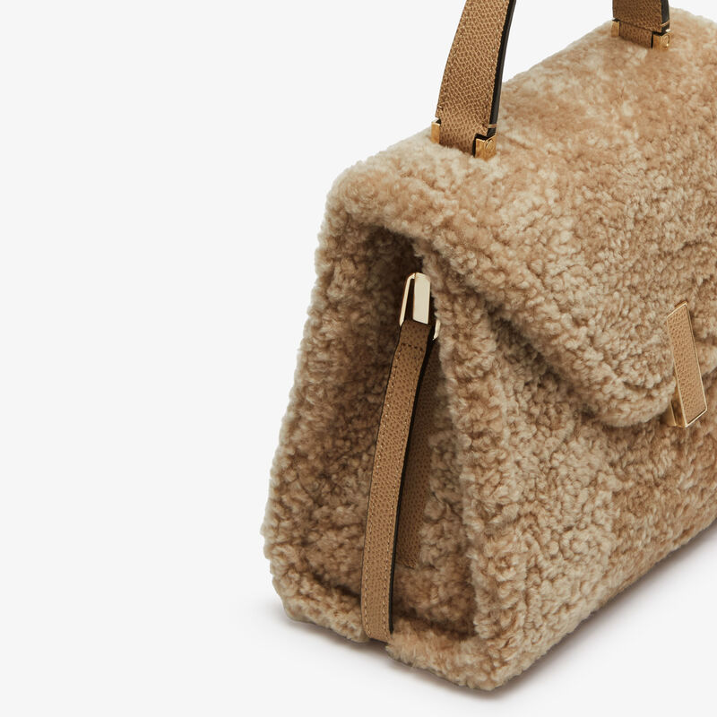 Iside Shearling Top Handle Mini Bag - Cashmere Beige - Pelle di Vitello Millepunte and Shearling - Valextra - 4