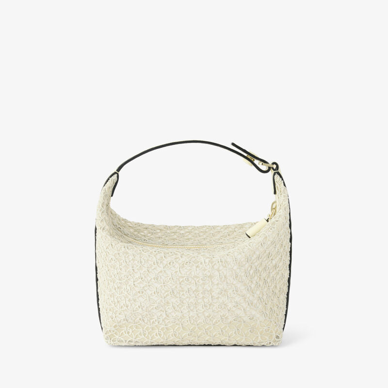 Mochi Merletto Top Handle Mini Bag - Pergamena White - Tessuto ricamo Rete/Vitello Millepunte Soft - Valextra - 6