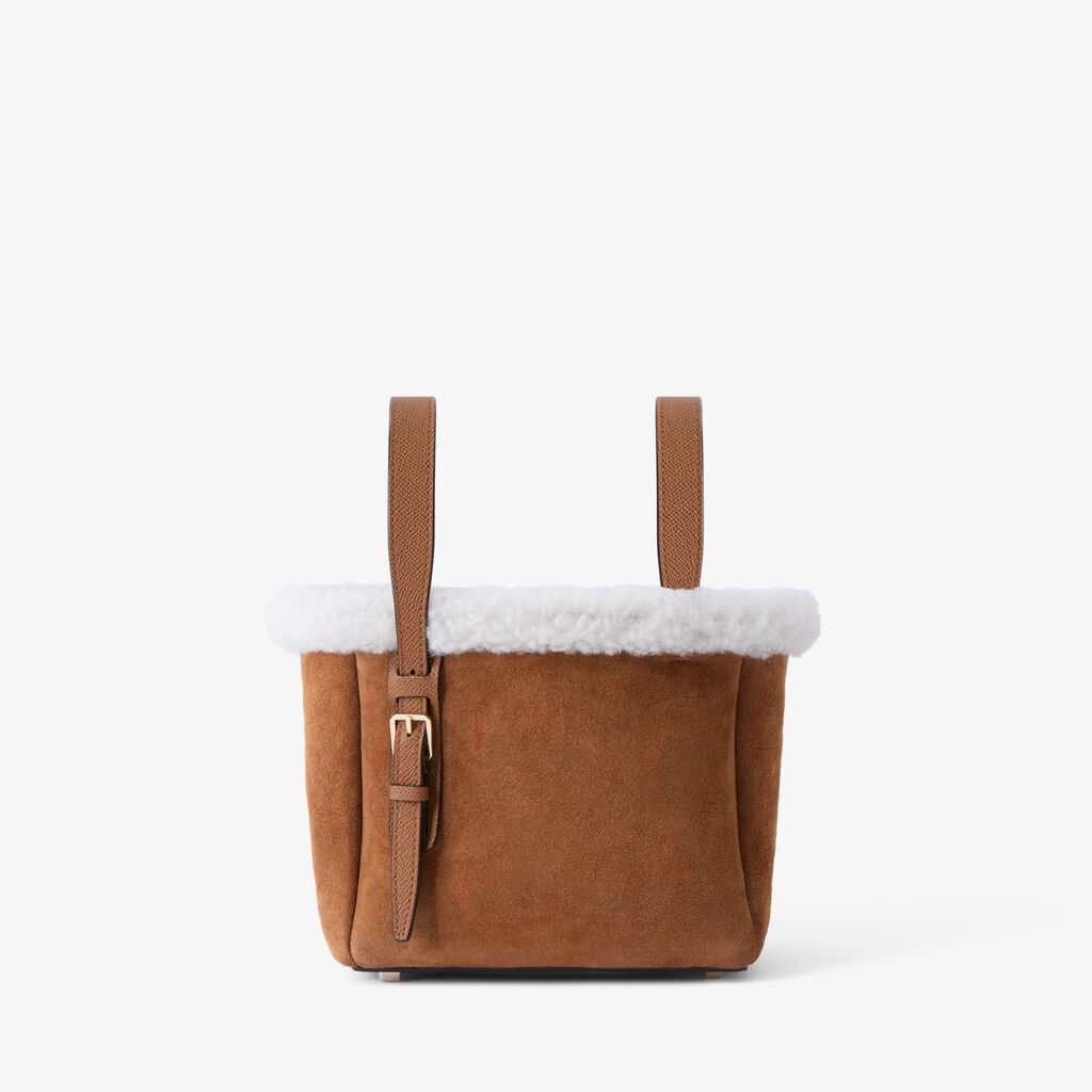 Soft Suede Shearling Bucket Micro Bag - Chocolate Brown - Montone Scamosciato/Vitello Millepunte Soft - Valextra - 7