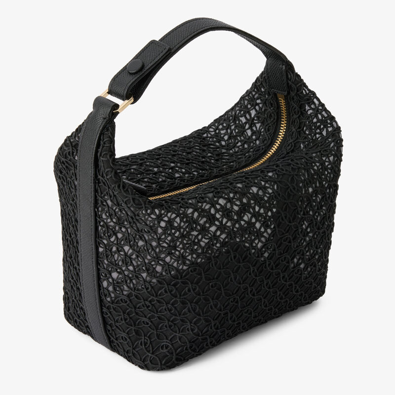 Mochi Merletto Top Handle Mini Bag - Black - Tessuto ricamo Rete/Vitello Millepunte Soft - Valextra - 5