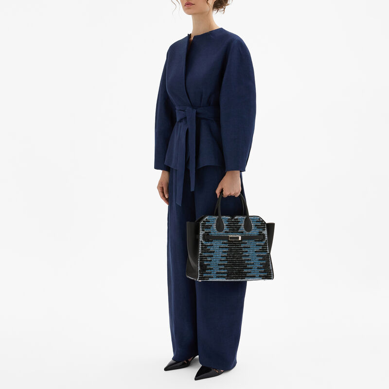 Milano Sunset Pibiones Two Handles Medium Bag - Black/Niagara Blue/Grey - Pibiones  wool Fabric and Millepunte leather - Valextra - 2