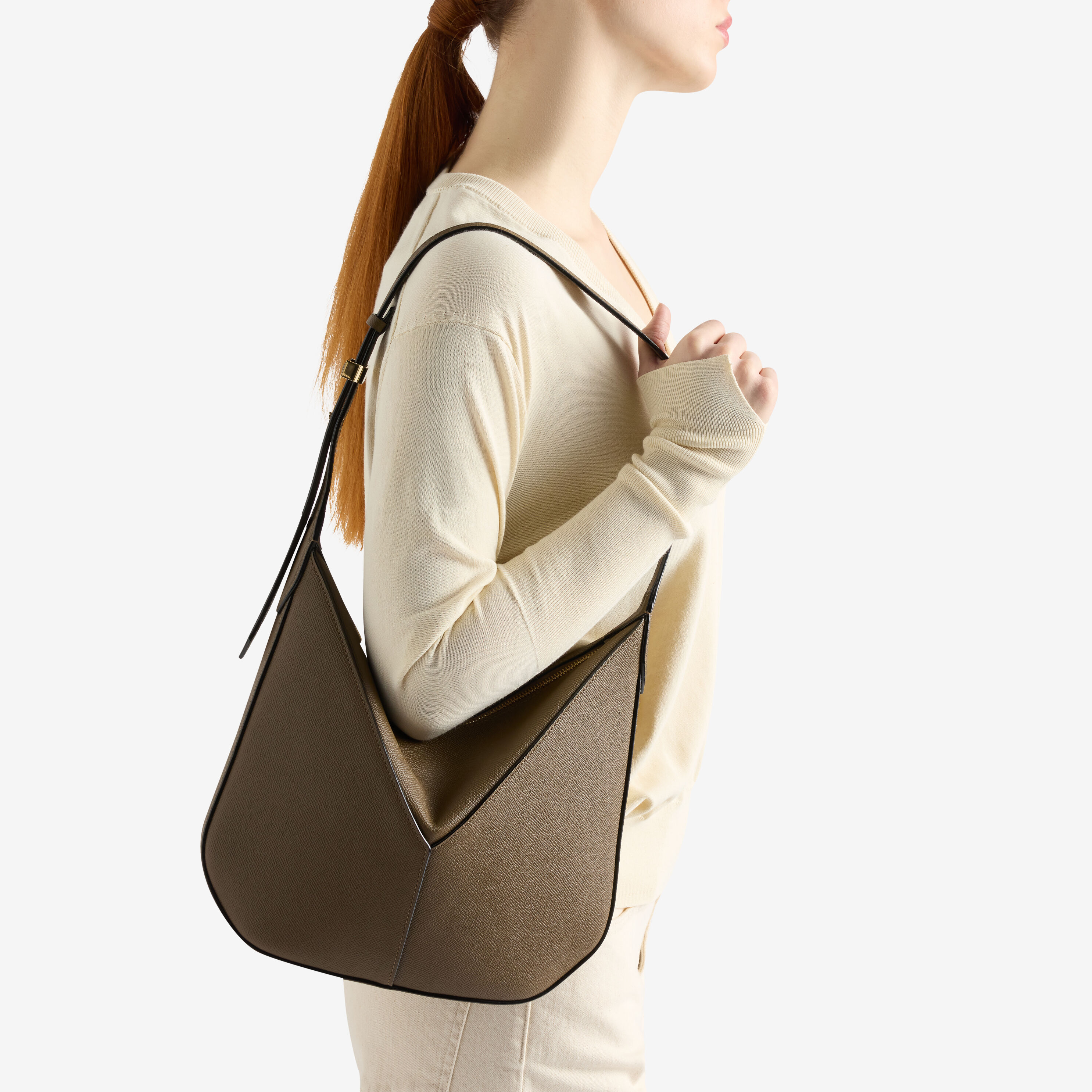 Women's Khaki Brown Luxury Leather Hobo Mini Bag | Valextra Vivi