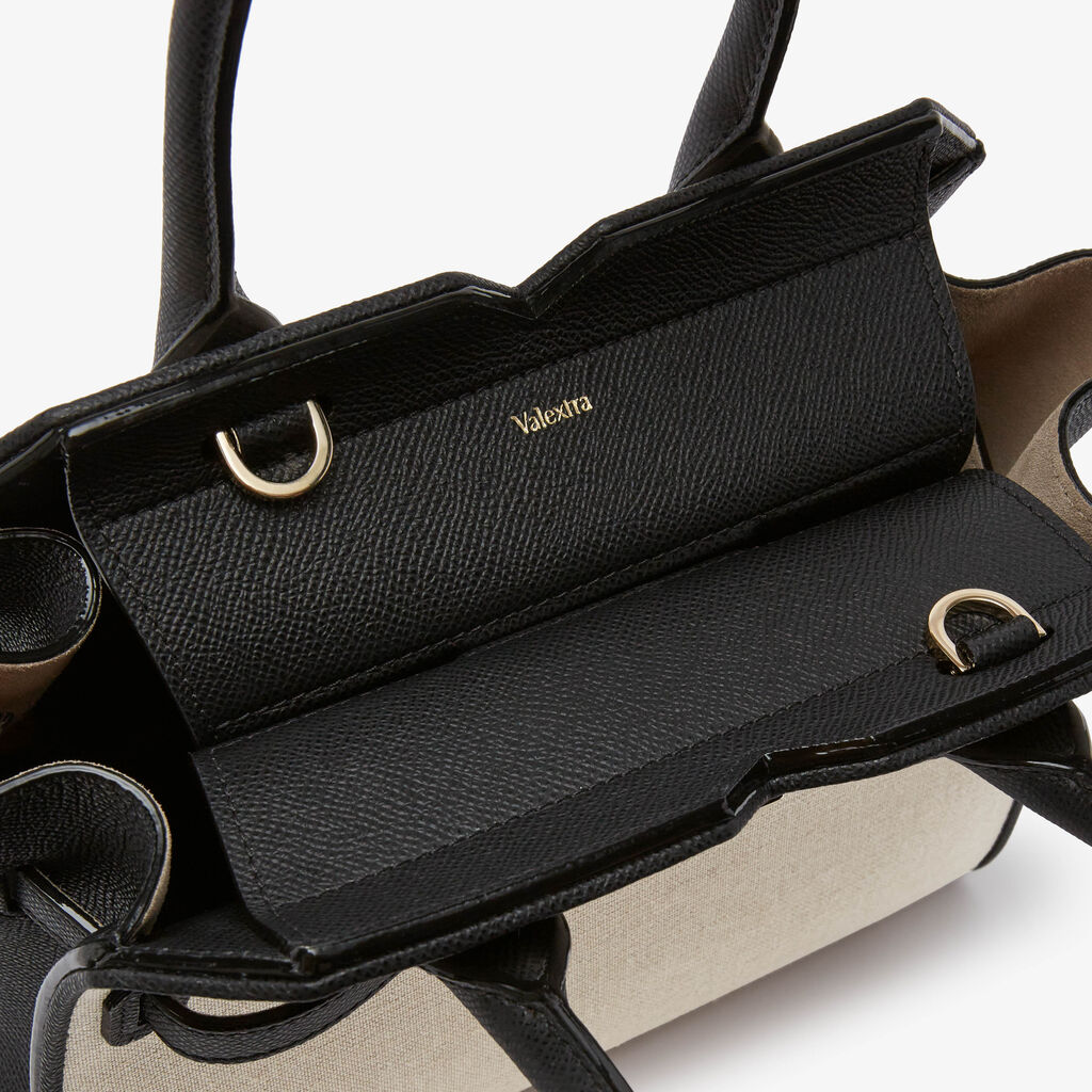 Milano Canvas Two Handles Mini Bag - Sand Brown/Black - Tessuto Canvas/Vitello Millepunte Soft - Valextra - 3