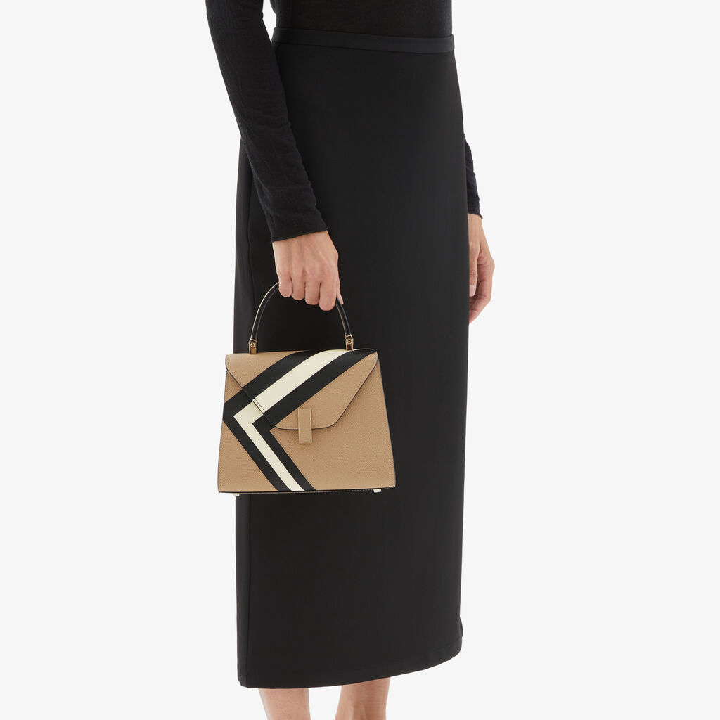 Iside Intarsia V-Stripes Top Handle Mini Bag - Cashmere Beige/Black/Pergamena White - VS Vitello-Stripes - Valextra - 2