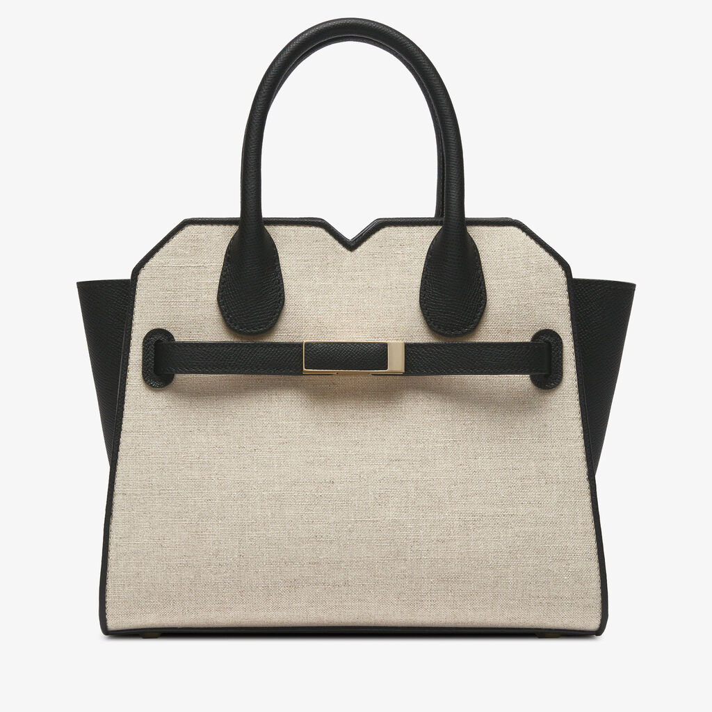 Milano Canvas Two Handles Mini Bag - Sand Brown/Black - Tessuto Canvas/Vitello Millepunte Soft - Valextra - 1