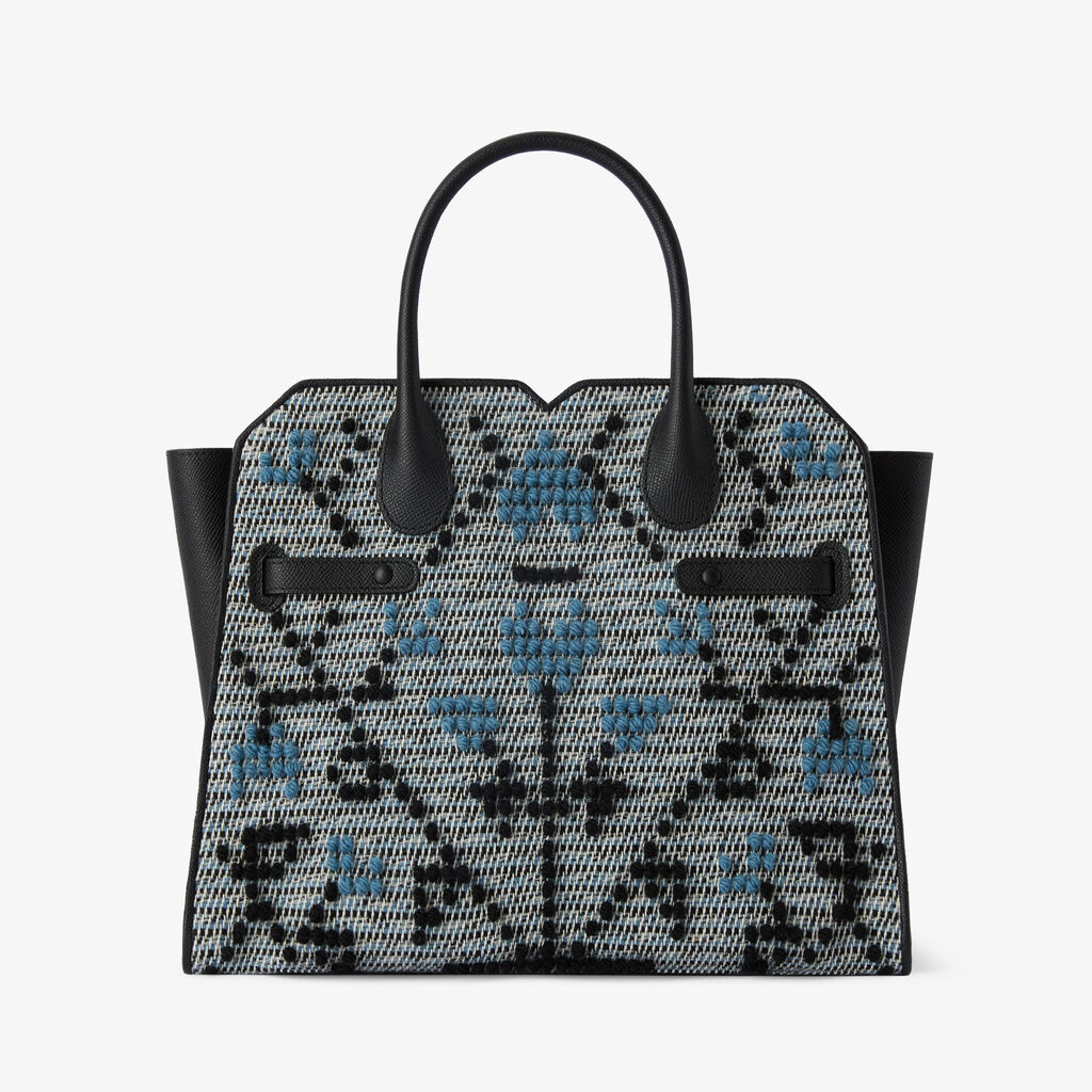 Milano Flower Pibiones Two Handles Medium Bag - Grey/Niagara Blue/Black - Pibiones  wool Fabric and Millepunte leather - Valextra - 6