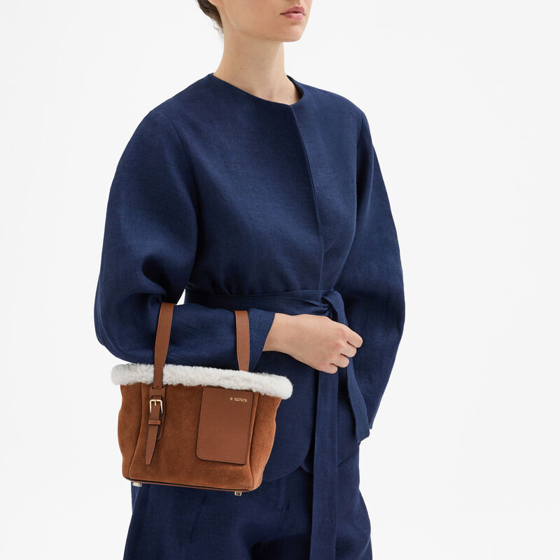 Soft Suede Shearling Bucket Micro Bag - Chocolate Brown - Montone Scamosciato/Vitello Millepunte Soft - Valextra - 2