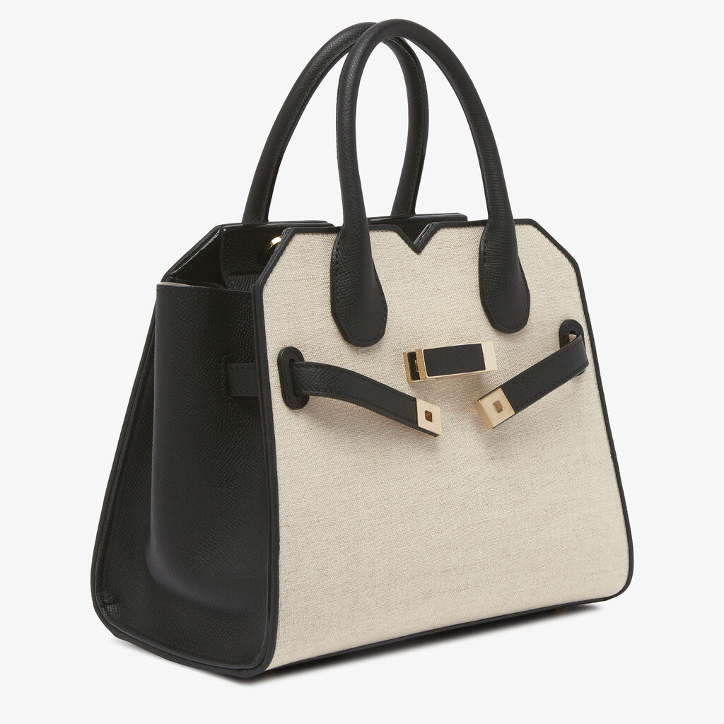Milano Canvas Two Handles Mini Bag - Sand Brown/Black - Tessuto Canvas/Vitello Millepunte Soft - Valextra - 5