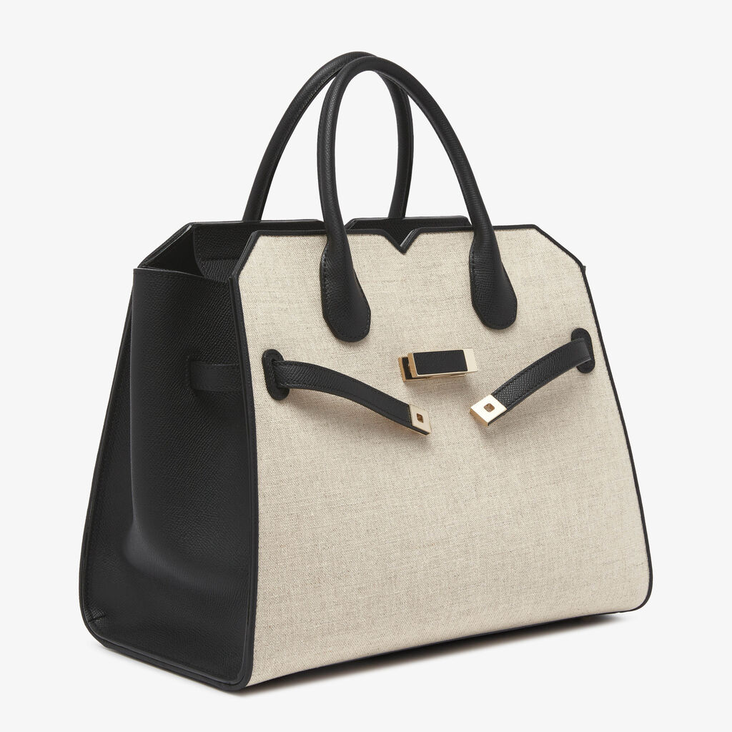 Milano Canvas Two Handles Medium Bag - Sand Brown/Black - Tessuto Canvas/Vitello Millepunte Soft - Valextra - 6
