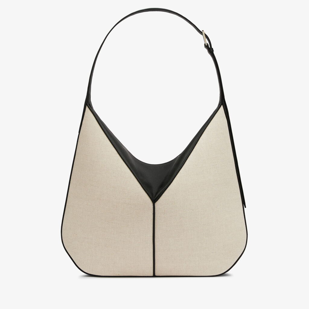Borsa Hobo Vivi Canvas - Marrone Sabbia/Nero - Tessuto Canvas/Vitello Millepunte Soft - Valextra - 5