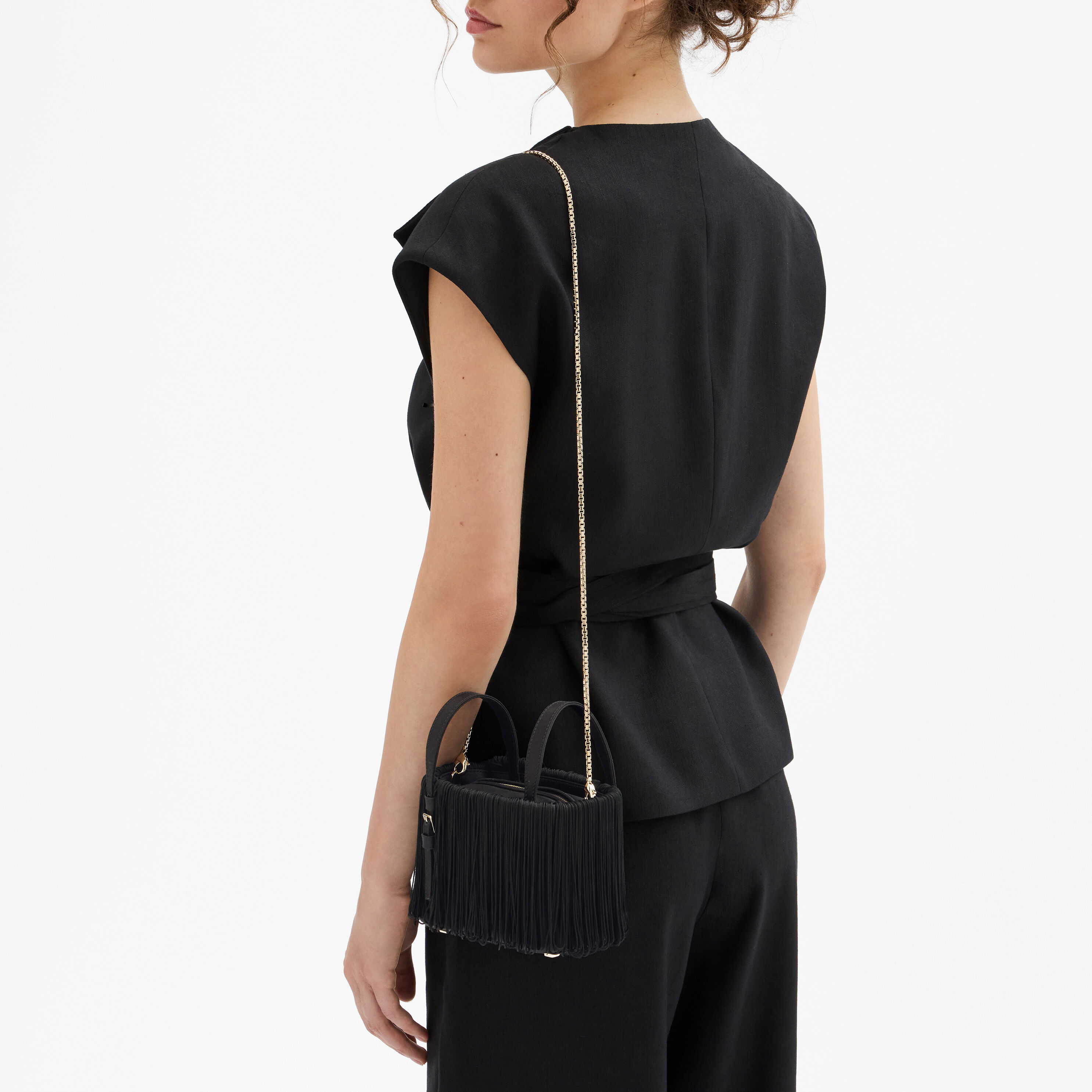 Women's Black Satin with fringe Bucket Nano Bag | Valextra Soft