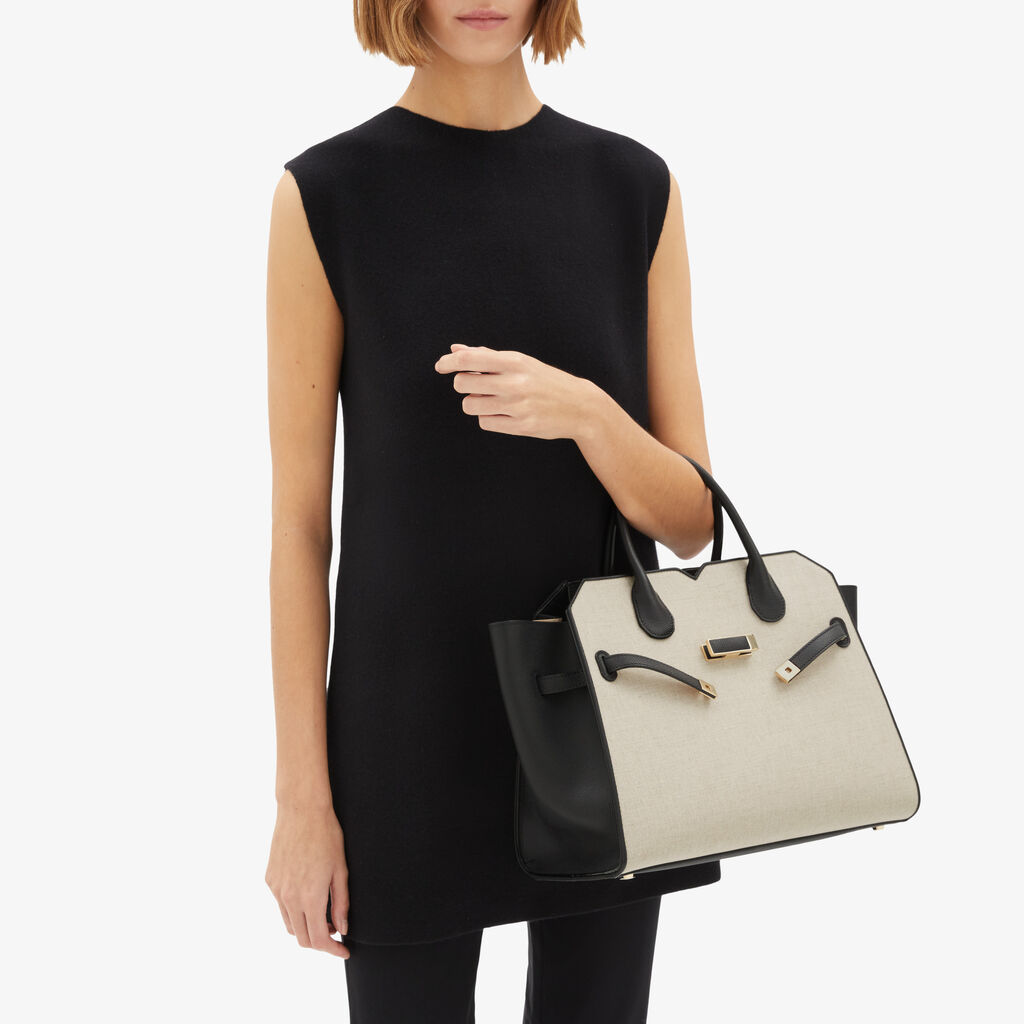 Milano Canvas Two Handles Medium Bag - Sand Brown/Black - Tessuto Canvas/Vitello Millepunte Soft - Valextra - 2