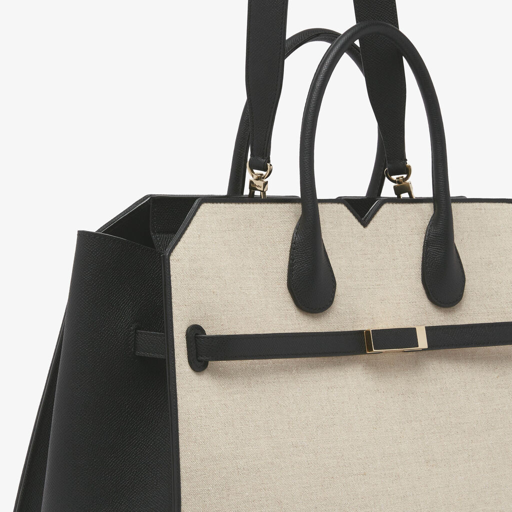 Milano Canvas Two Handles Large Bag - Sand Brown/Black - Natural Canvas and calf leather - Valextra - 4