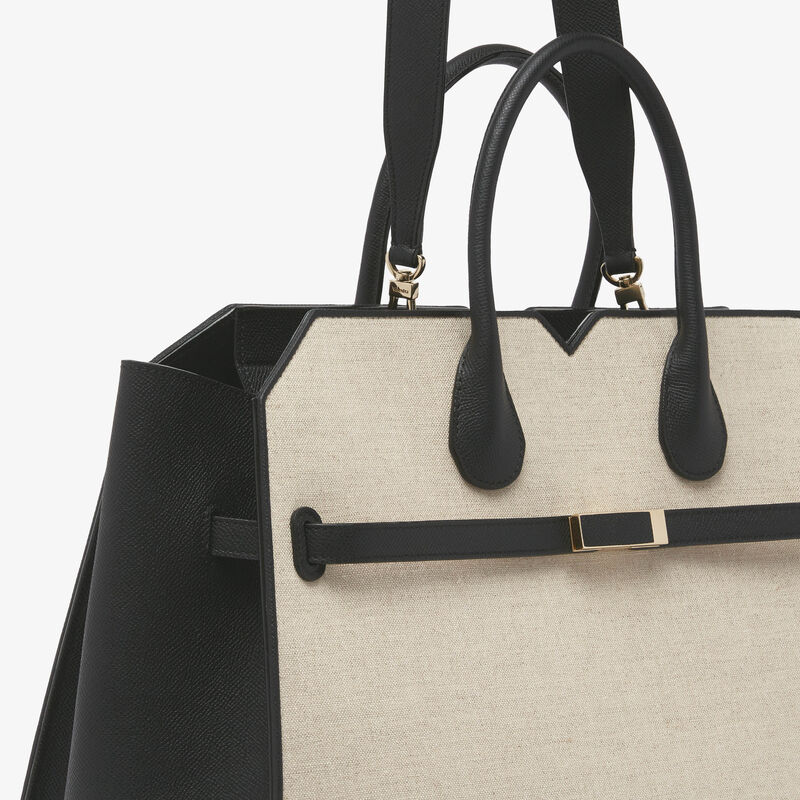 Milano Canvas Two Handles Large Bag - Sand Brown/Black - Natural Canvas and calf leather - Valextra - 4