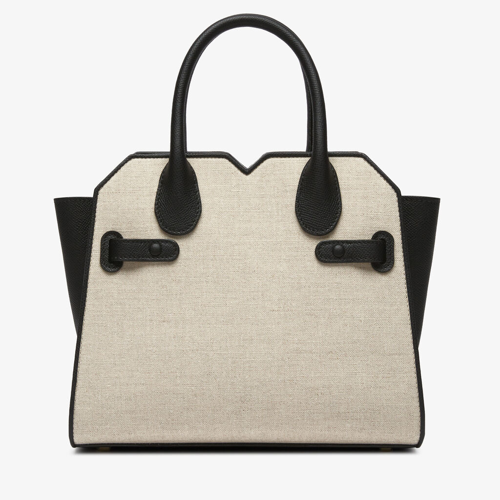Milano Canvas Two Handles Mini Bag - Sand Brown/Black - Tessuto Canvas/Vitello Millepunte Soft - Valextra - 6