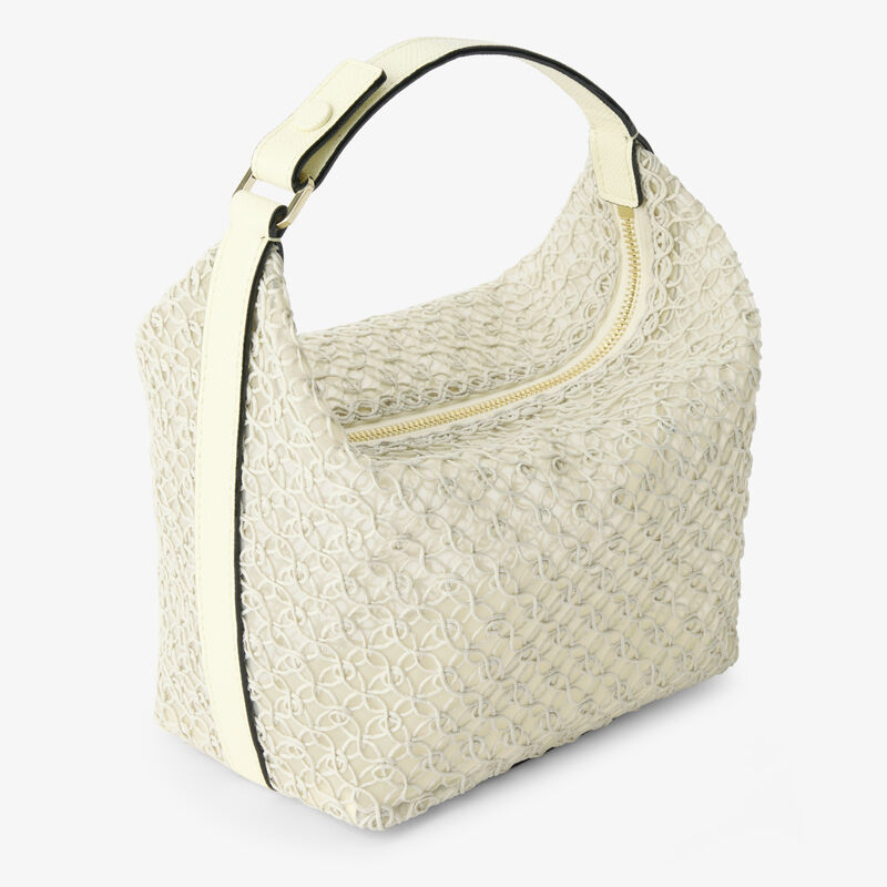 Mochi Merletto Top Handle Mini Bag - Pergamena White - Tessuto ricamo Rete/Vitello Millepunte Soft - Valextra - 5