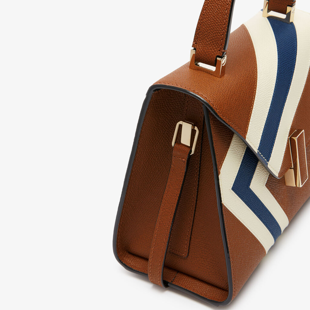 Iside Intarsia V-Stripes Top Handle Mini Bag - Chocolate Brown/Pergamena White/Sapphire Blue - VS Vitello-Stripes - Valextra - 3
