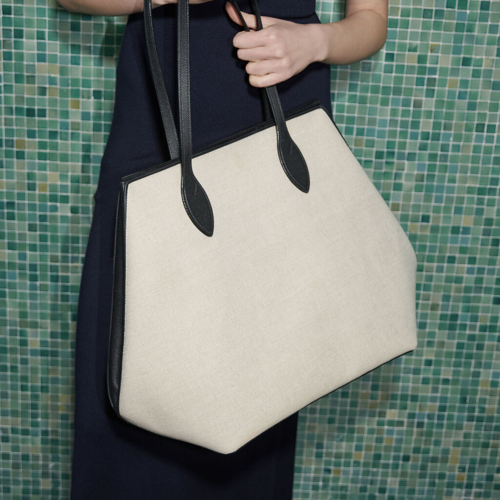 Vivi Canvas Shopping Large Bag - Sand Brown/Black - Tessuto Canvas/Vitello Millepunte Soft - Valextra - 2