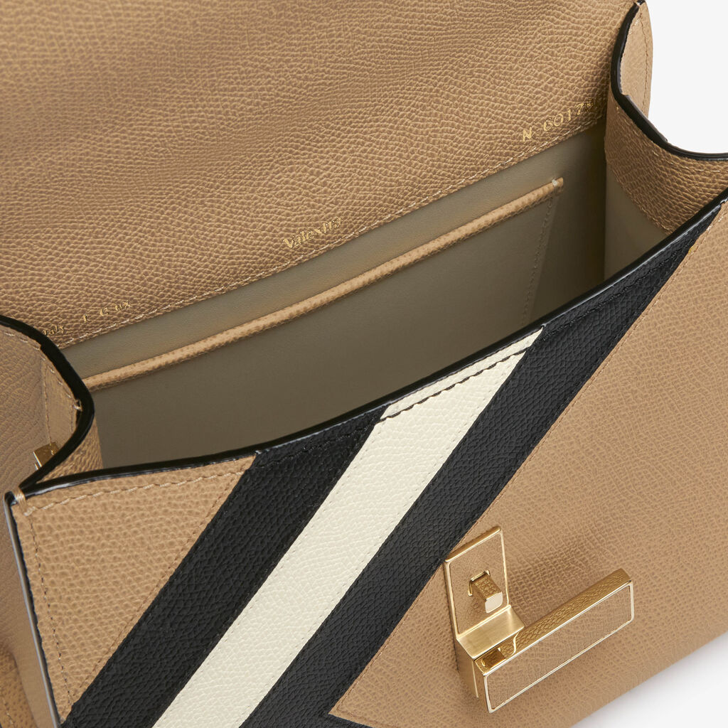 Iside Intarsia V-Stripes Top Handle Mini Bag - Cashmere Beige/Black/Pergamena White - VS Vitello-Stripes - Valextra - 3