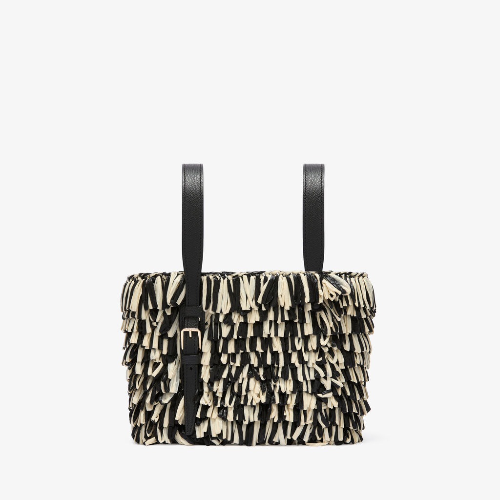 Soft Wavy Raffia Bucket Bag - Black/Pergamena White - Tessuto Punto Pelliccia/Vitello VS - Valextra - 1