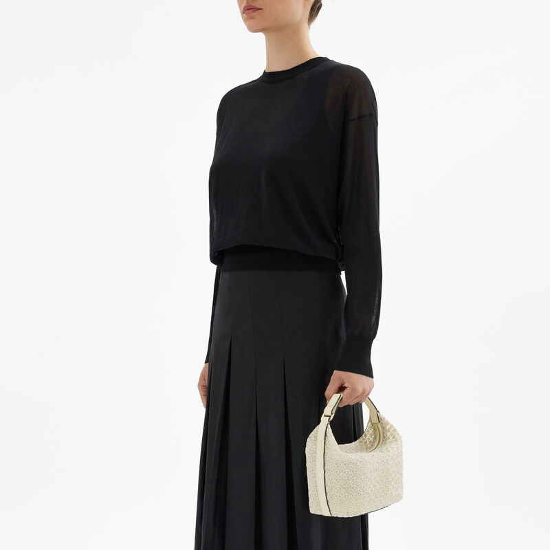 Mochi Merletto Top Handle Mini Bag - Pergamena White - Tessuto ricamo Rete/Vitello Millepunte Soft - Valextra - 2