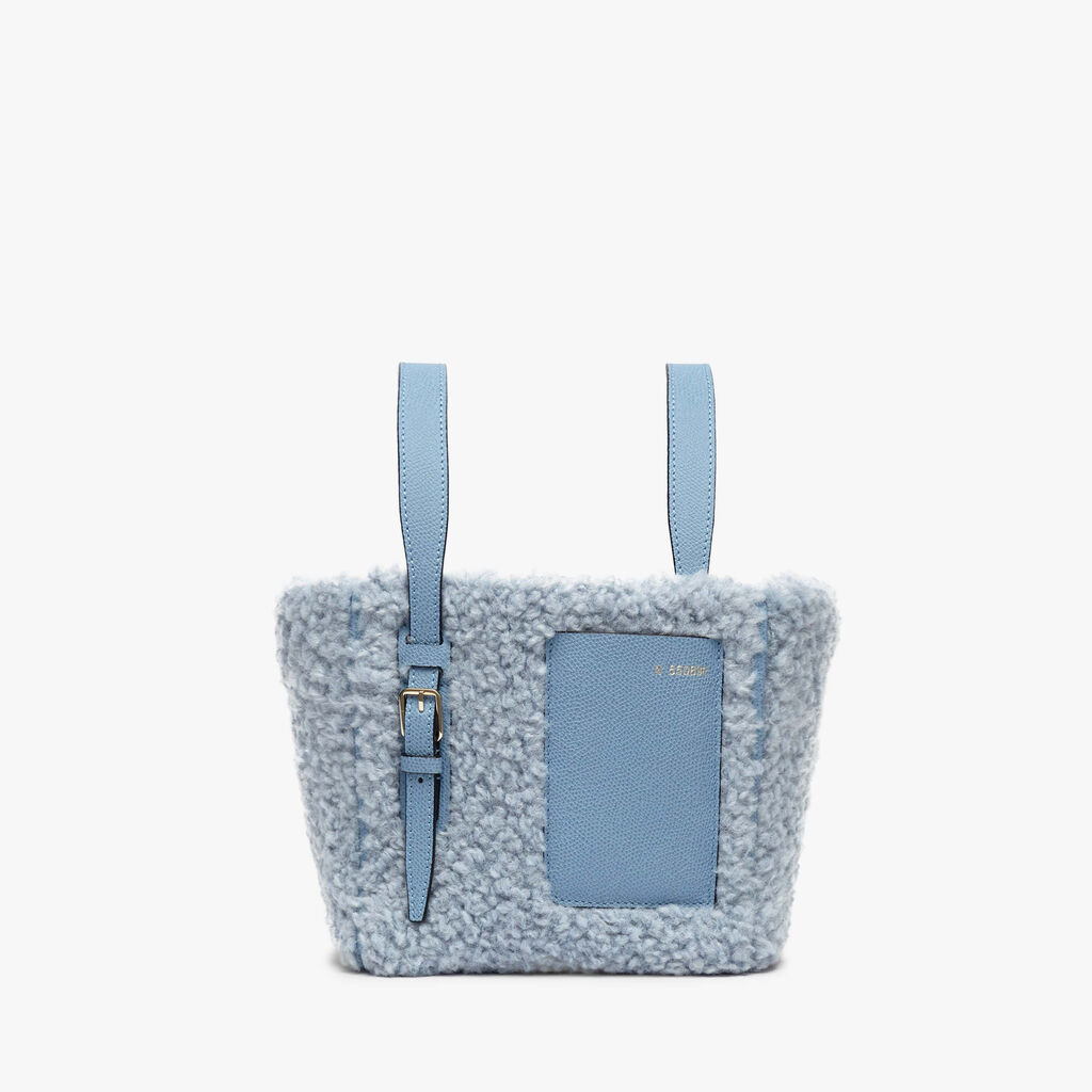 Borsa a Secchiello Soft Bouclè Micro - Blu Camicia - Tessuto Fur Riccio/Vitello VS - Valextra - 1