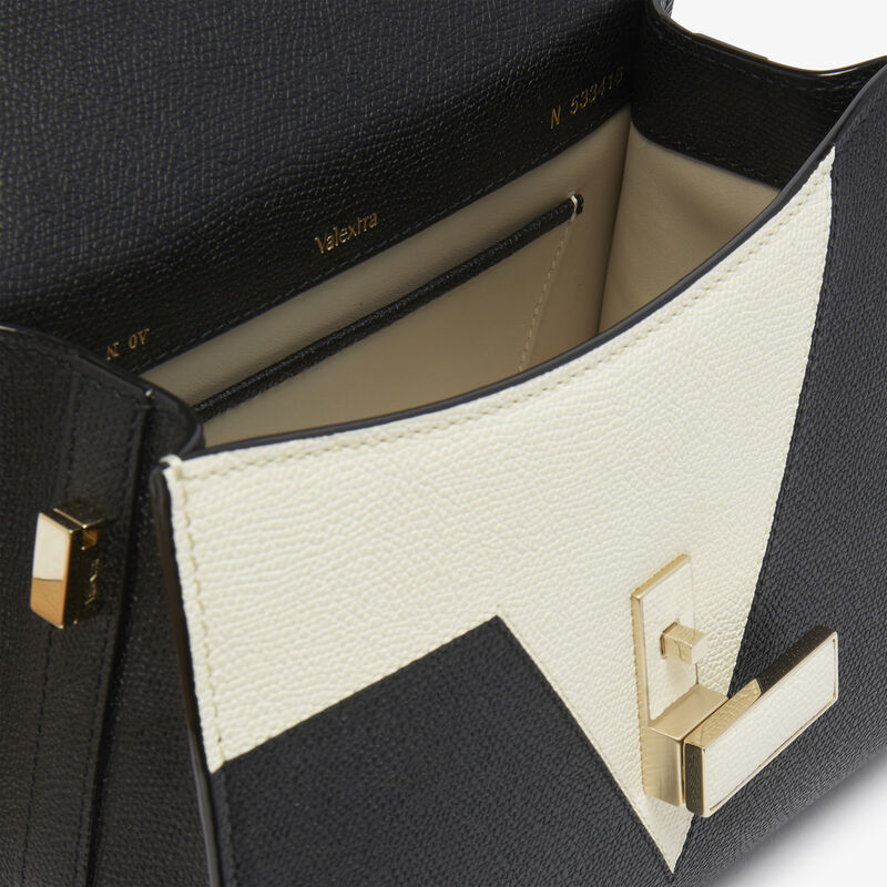 Iside V Intarsia Top Handle Mini Bag - Black/Pergamena White - Millepunte calf leather - Valextra - 3