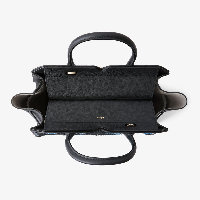Milano Sunset Pibiones Two Handles Medium Bag - Black/Niagara Blue/Grey - Pibiones  wool Fabric and Millepunte leather - Valextra - 8