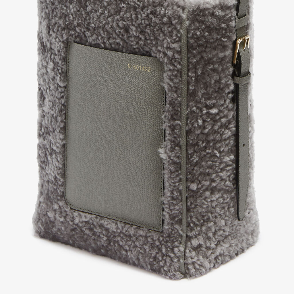 Soft Shearling Bucket Mini Bag - Cement Grey - Vitello VS-Montone - Valextra - 3