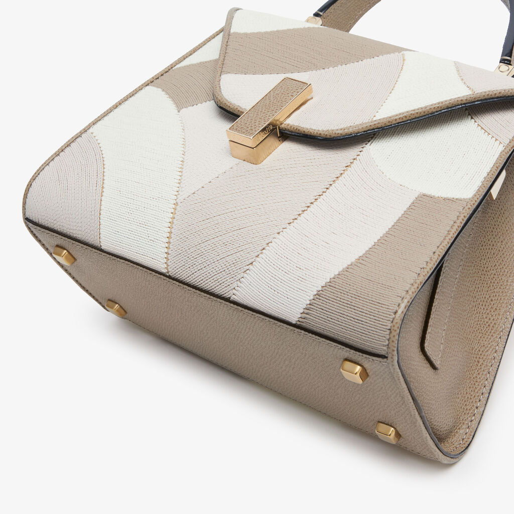 Iside Patchwork Top Handle Mini Bag - Oyster Brown/Beige Color Mix - Canvas Ricamo Coiling/Vitello VS - Valextra - 5