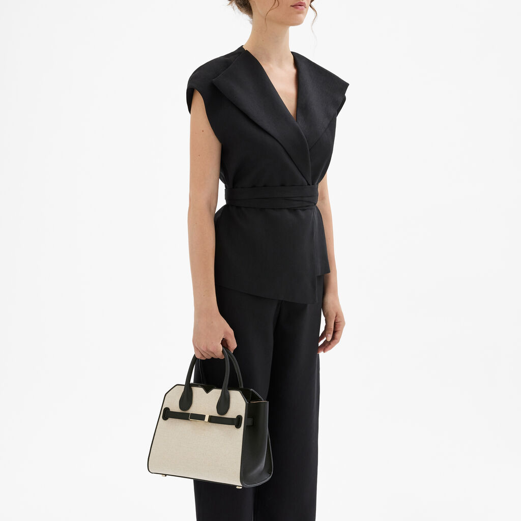 Milano Canvas Two Handles Mini Bag - Sand Brown/Black - Tessuto Canvas/Vitello Millepunte Soft - Valextra - 2