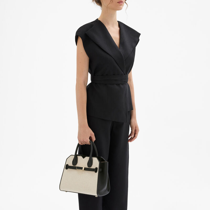 Milano Canvas Two Handles Mini Bag - Sand Brown/Black - Natural Canvas and calf leather - Valextra - 2