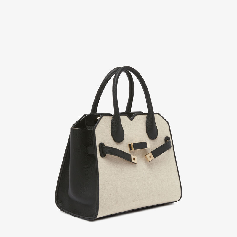 Milano Canvas Two Handles Mini Bag - Sand Brown/Black - Natural Canvas and calf leather - Valextra - 6