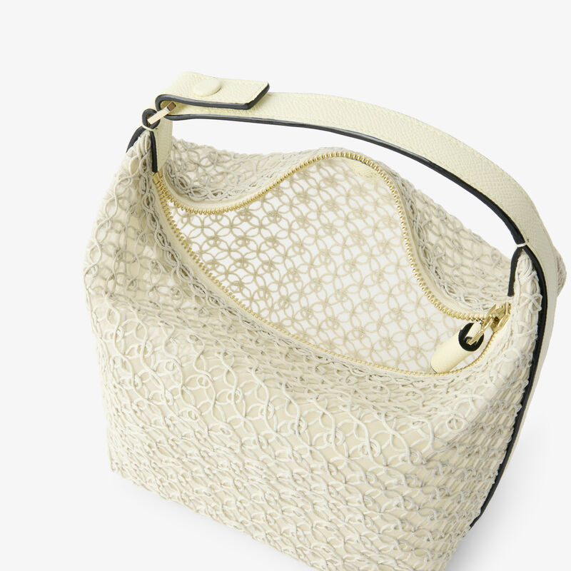 Mochi Merletto Top Handle Mini Bag - Pergamena White - Tessuto ricamo Rete/Vitello Millepunte Soft - Valextra - 3