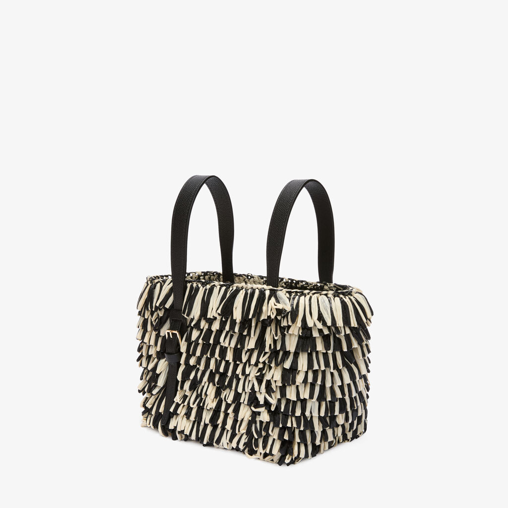 Soft Wavy Raffia Bucket Bag - Black/Pergamena White - Tessuto Punto Pelliccia/Vitello VS - Valextra - 4