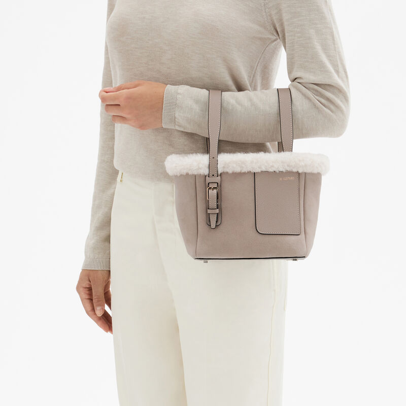 Soft Suede Shearling Bucket Micro Bag - Nude Pink - Montone Scamosciato/Vitello Millepunte Soft - Valextra - 2