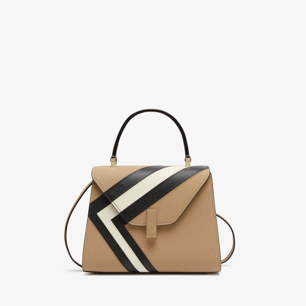 Iside Intarsia V-Stripes Top Handle Mini Bag - Cashmere Beige/Black/Pergamena White - VS Vitello-Stripes - Valextra - 1