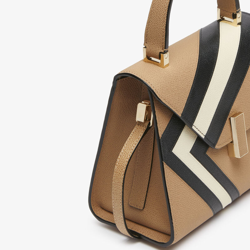 Iside Intarsia V-Stripes Top Handle Mini Bag - Cashmere Beige/Black/Pergamena White - Millepunte calf leather - Valextra - 4