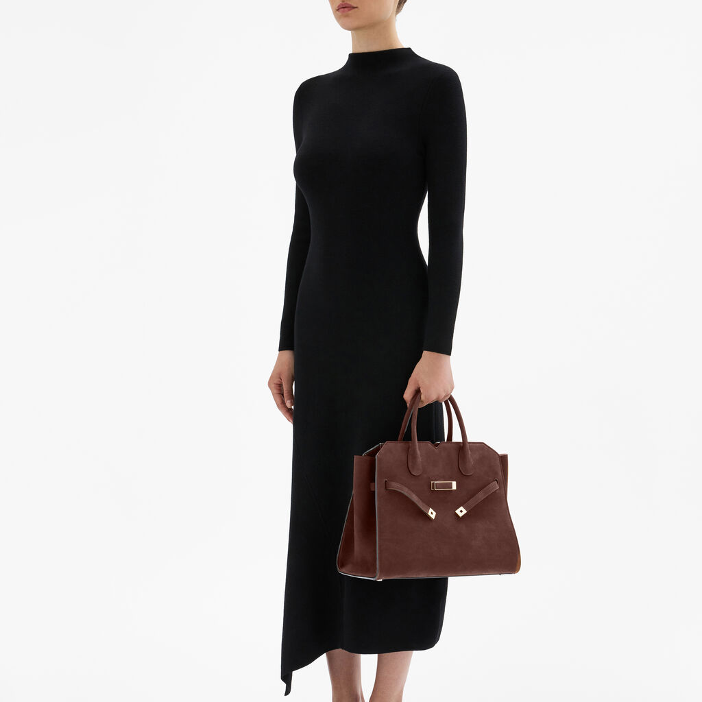 Borsa a Due Manici Milano Senso Media - Marrone Cioccolato - Vitello Millepunte Nabuk - Valextra - 2