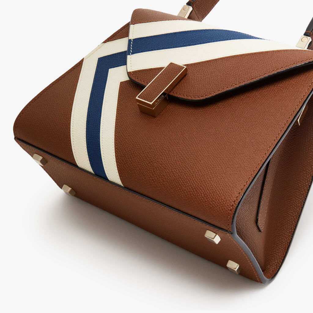 Iside Intarsia V-Stripes Top Handle Mini Bag - Chocolate Brown/Pergamena White/Sapphire Blue - VS Vitello-Stripes - Valextra - 4
