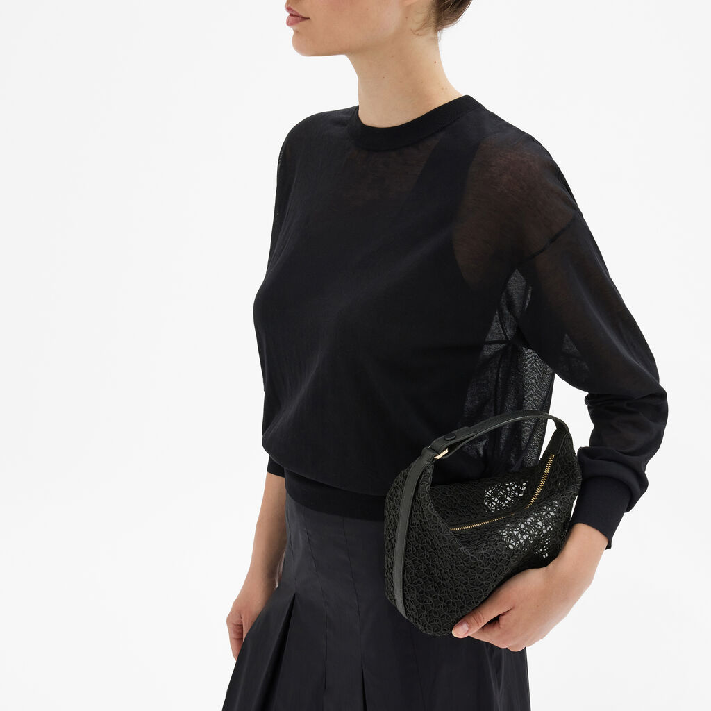 Mochi Merletto Top Handle Mini Bag - Black - Tessuto ricamo Rete/Vitello Millepunte Soft - Valextra - 2